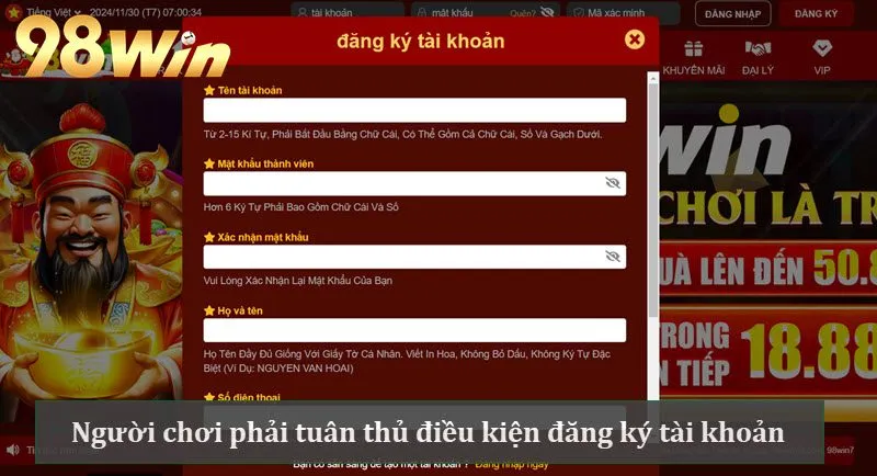 Người chơi phải tuân thủ quy tắc khi tạo tài khoản