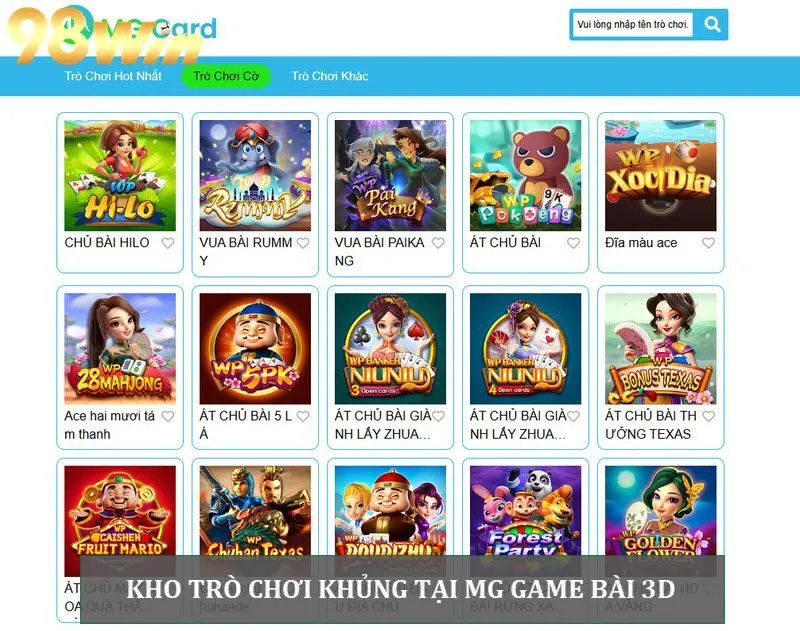 Danh sách game siêu hot tại MG Game bài 98Win