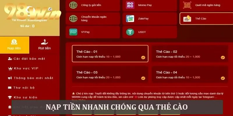 Hình thức nạp qua thẻ cào dễ thực hiện