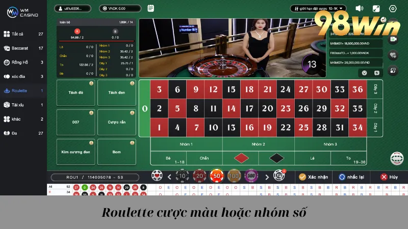 Roulette cược màu hoặc nhóm số