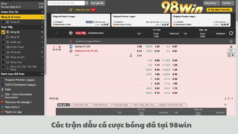 Các trận đấu cá cược bóng đá tại 98win